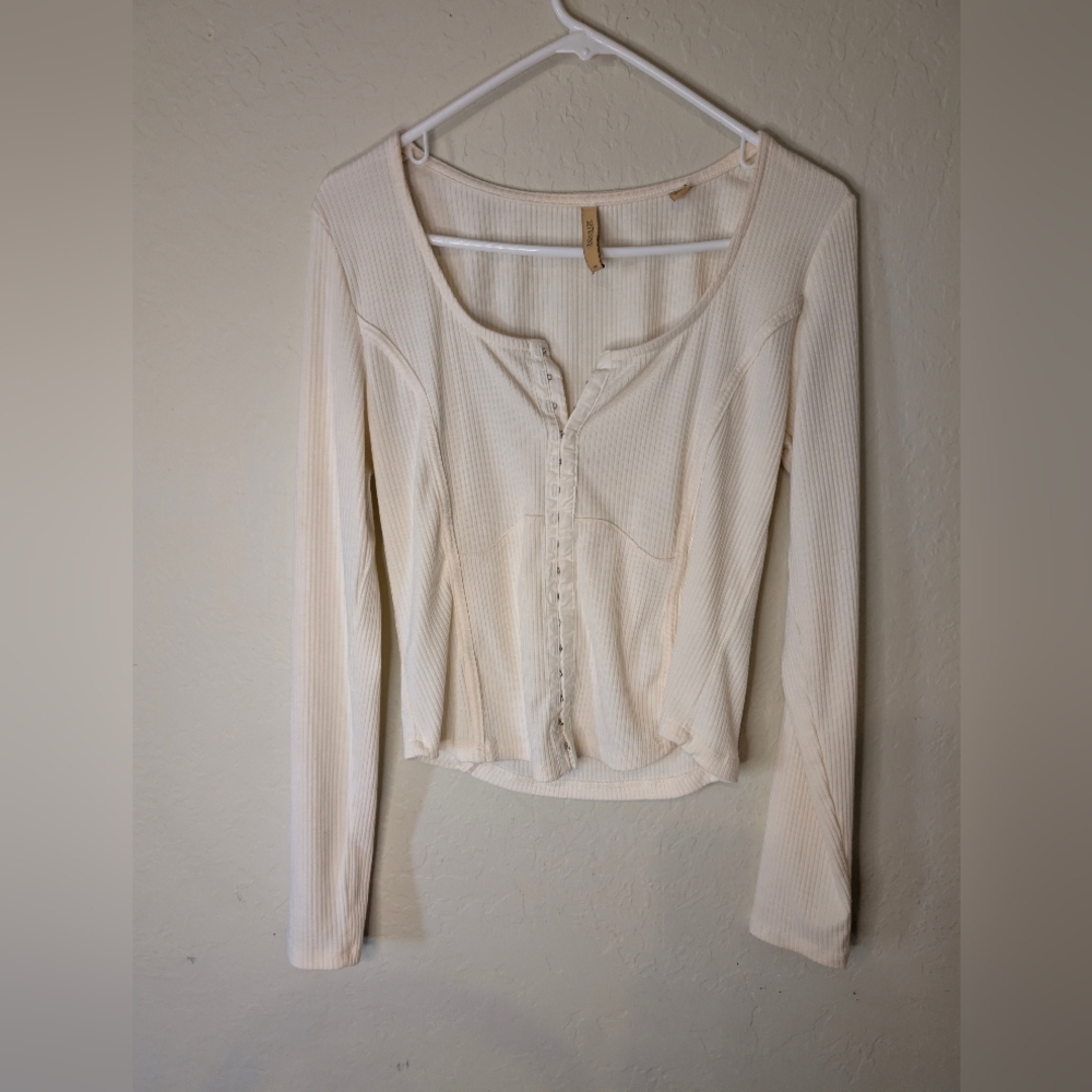 Shyanne Cream Ribbed Hook-and-Eye Corset Design Long Sleeve Top - Picture 1 of 6